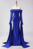 Off the Shoulder Dark Green Mermaid Ruched Prom Dress with Long Sleeves