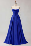 Golden A Line Beaded Strapless Corset Satin Long Prom Dress
