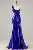 Metallic Burgundy Mermaid One Shoulder Corset 3D Flowers Long Prom Dress with Slit