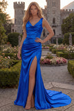 Dark Green Cowl Neck Mermaid Satin Prom Dress with Slit