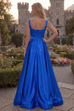 Blush Satin A Line Square Neck Pearl Prom Dress with Slit