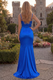 Navy Mermaid Satin Cowl Neck Maxi Prom Dress with Slit