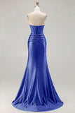 Dark Green Beaded Corset Strapless Mermaid Long Prom Dress with Slit