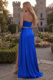 One Shoulder Light Blue A Line Ruched Prom Dress with Slit