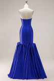 Fuchsia Strapless Mermaid Satin Long Prom Dress with 3D Flowers