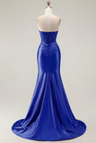 Burgundy Mermaid Sweetheart Corset Beaded Ruched Long Prom Dress with Slit