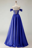 Off the Shoulder Purple A Line Beaded Corset Long Prom Dress with Slit