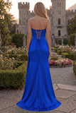 Strapless Corset Satin Burgundy Prom Dress with Slit