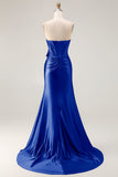 Navy Mermaid Strapless Corset Beaded Satin Long Prom Dress with Bow