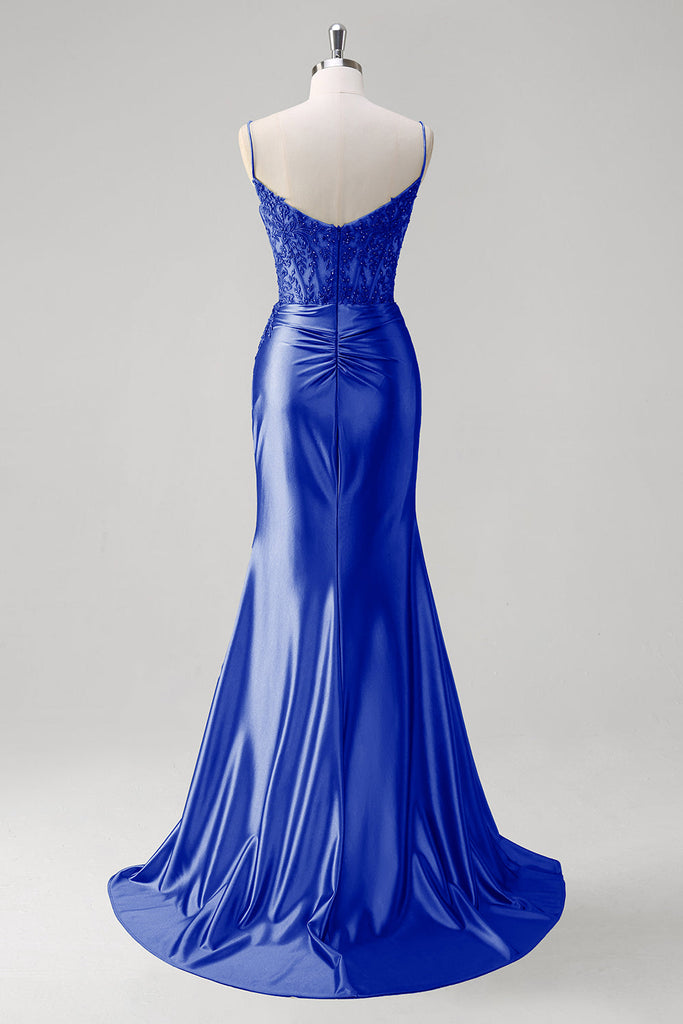 Green A line Spaghetti Straps Appliqued Corset Long Prom Dress With Tulle