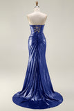 Metallic Fuchsia Strapless Mermaid Cut Out Lace Up Back Long Prom Dress with Slit