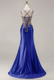 Black Mermaid Embroidered Beaded Lace Up Back Long Prom Dress with Slit