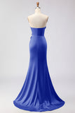 Green Strapless Mermaid 3D Flower Satin Long Prom Dress with Slit