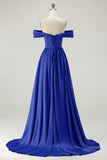 Off the Shoulder A Line Blue Satin Long Bridesmaid Dress with Slit