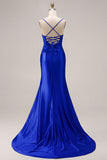 Mermaid Fuchsia Satin Cut Out Ruched Long Prom Dress with Slit