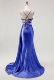 Champagne Mermaid Corset Streamer Beaded Ruched Long Prom Dress with Slit