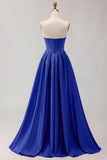Golden A Line Beaded Strapless Corset Satin Long Prom Dress