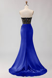 Black Green Strapless Mermaid Lace Appliqued Ruched Long Prom Dress with Slit