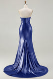 Metallic Fuchsia Strapless Beaded Mermaid Corset Long Prom Dress