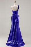 Metallic Burgundy Mermaid One Shoulder Corset 3D Flowers Long Prom Dress with Slit
