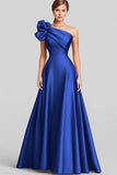 Navy A Line Ruffled One Shoulder Satin Long Formal Dress