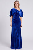 Dark Grey Asymmetrical Neck Velvet Formal Dress with Short Sleeves