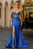 Dusty Blue Mermaid Corset Beaded Lace Up Back Long Prom Dress with Slit