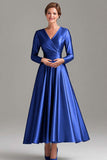 A Line Grey Blue V-Neck Mother Of the Bride Dress with Long Sleeves