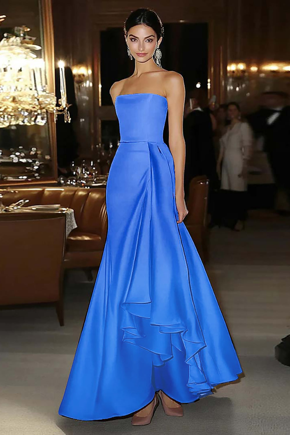 polyester gowns & formal dresses Pink Strapless Sheath Satin Formal Dress with Ruffles