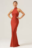 Champagne Sheath Halter Backless Long Satin Bridesmaid Dress with Slit