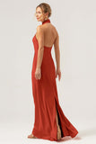 Champagne Sheath Halter Backless Long Satin Bridesmaid Dress with Slit