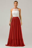 A-Line Halter Pleated Keyhole Chiffon Bridesmaid Dress With Lace