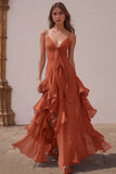 Dusty Blue Spaghetti Straps Chiffon A-Line Ruffled Bridesmaid Dress