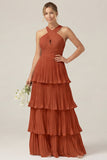 Lilac Halter Keyhole A Line Tiered Ruffle Pleated Bridesmaid Dress