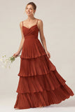 Dark Green A Line Ruched Pleated Spaghetti Straps Tiered Bridesmaid Dress