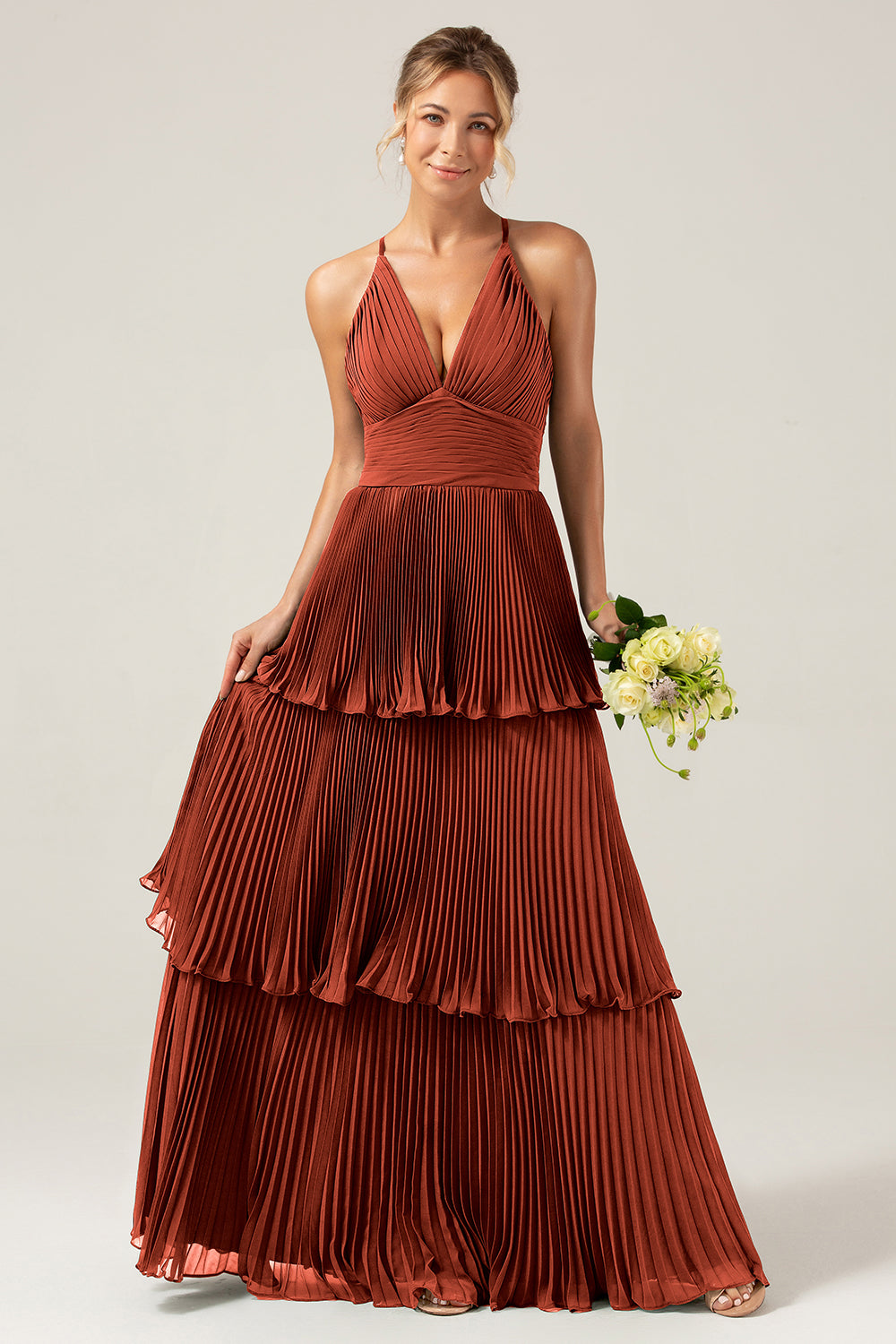 Wedtrend Women Dusty Rose Bridesmaid Dress A-Line Halter Tiered Floor Length Chiffon Long Wedding Party Dress, Rust / US12