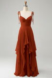 A Line Spaghetti Straps Chiffon Long Bridesmaid Dress with Ruffles