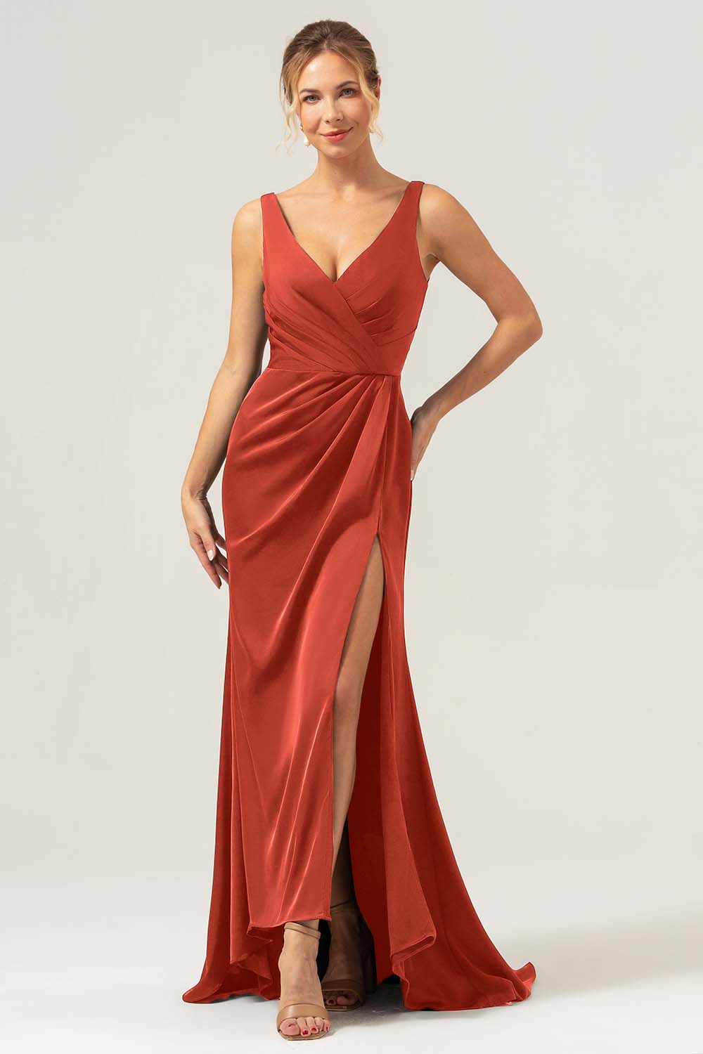 Wedtrend Women Burgundy Bridesmaid Dress with Slit Mermaid V Neck Ruched High-Low Long Satin Wedding G WEDTREND Wedtrend Women Burgundy Bridesmaid Dress with Slit Mermaid V Neck Ruched High-Low Long Satin Wedding G WEDTREND