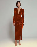 Olive Sheath Long Sleeves Velvet Ruched Formal Dress with Slit