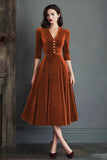 Burgundy A Line V Neck Midi Plus Size Velvet Dress with Half Sleeves