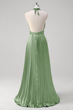Royal Blue A-Line Halter Pleated Open Back Long Bridesmaid Dress