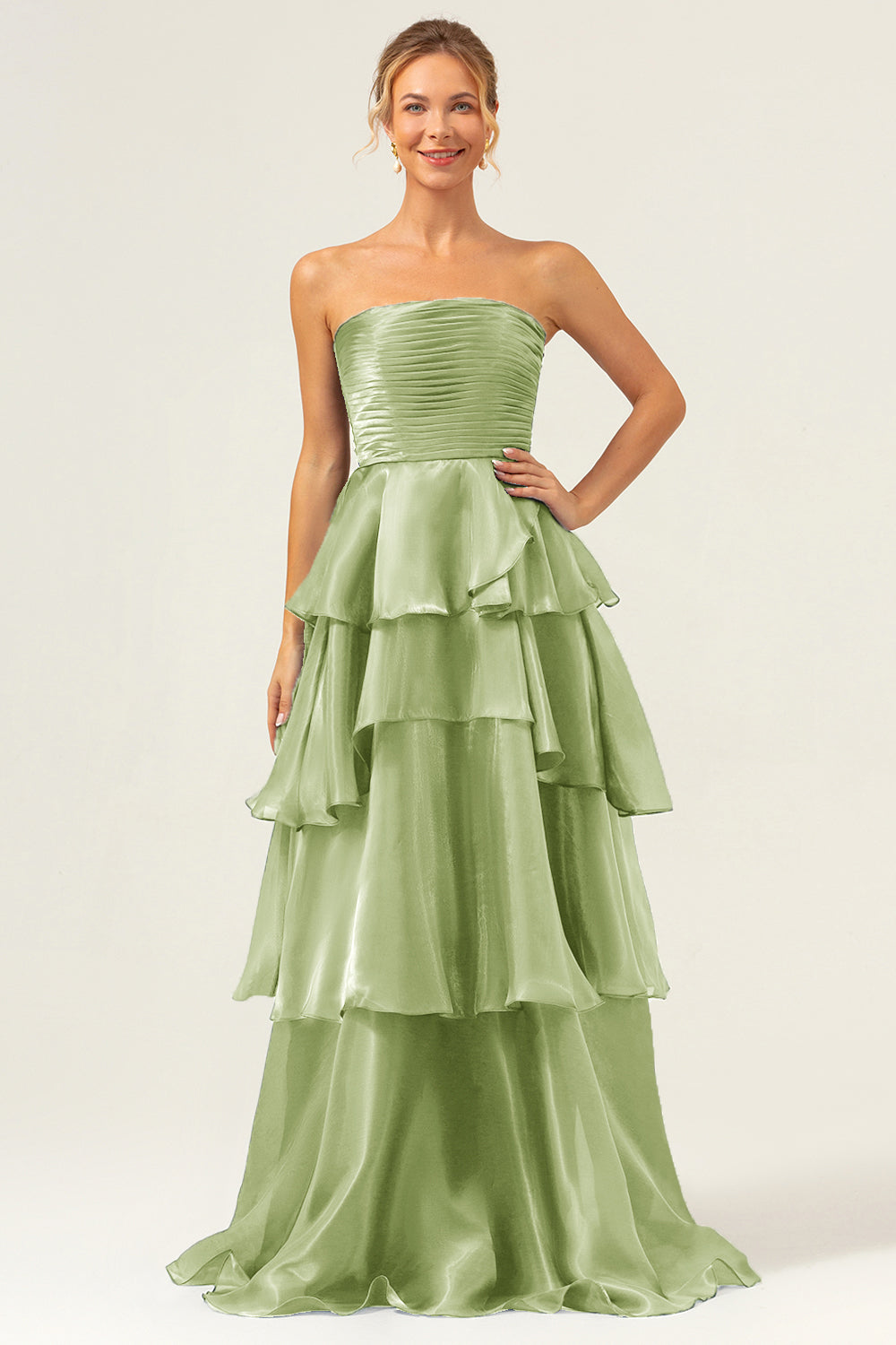 Wedtrend Women Dark Navy Tiered Bridesmaid Dress A Line Strapless Pleated Tiered Floor Length Ruffle Wedding Party Guest Dress, Sage / US8