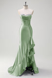 Sparkly Mermaid Strapless Corset Sequin Long Prom Dress with Ruffle Slit