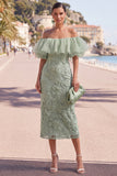 Off the Shoulder Ruffled Yellow Midi Wedding Guest Dress