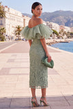 Off the Shoulder Ruffled Yellow Midi Wedding Guest Dress