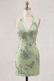Light Blue Halter Bodycon Floral Short Homecoming Dress