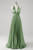 Royal Blue A-Line Halter Pleated Open Back Long Bridesmaid Dress