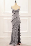 Spaghetti Straps Jade Tiered Mermaid Bridesmaid Dress With Slit