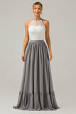 A-Line Halter Pleated Keyhole Chiffon Bridesmaid Dress With Lace