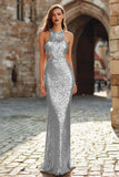 Sparkly Gold Halter Cut Out Sheath Evening Dress